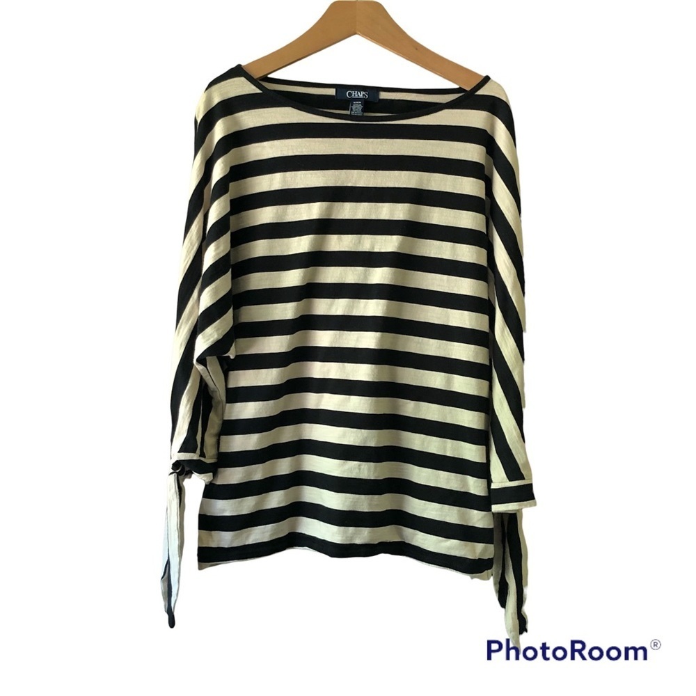 Chaps Striped Tie Sleeved Nautical Black and Cream Boatneck Top Size Womens M
